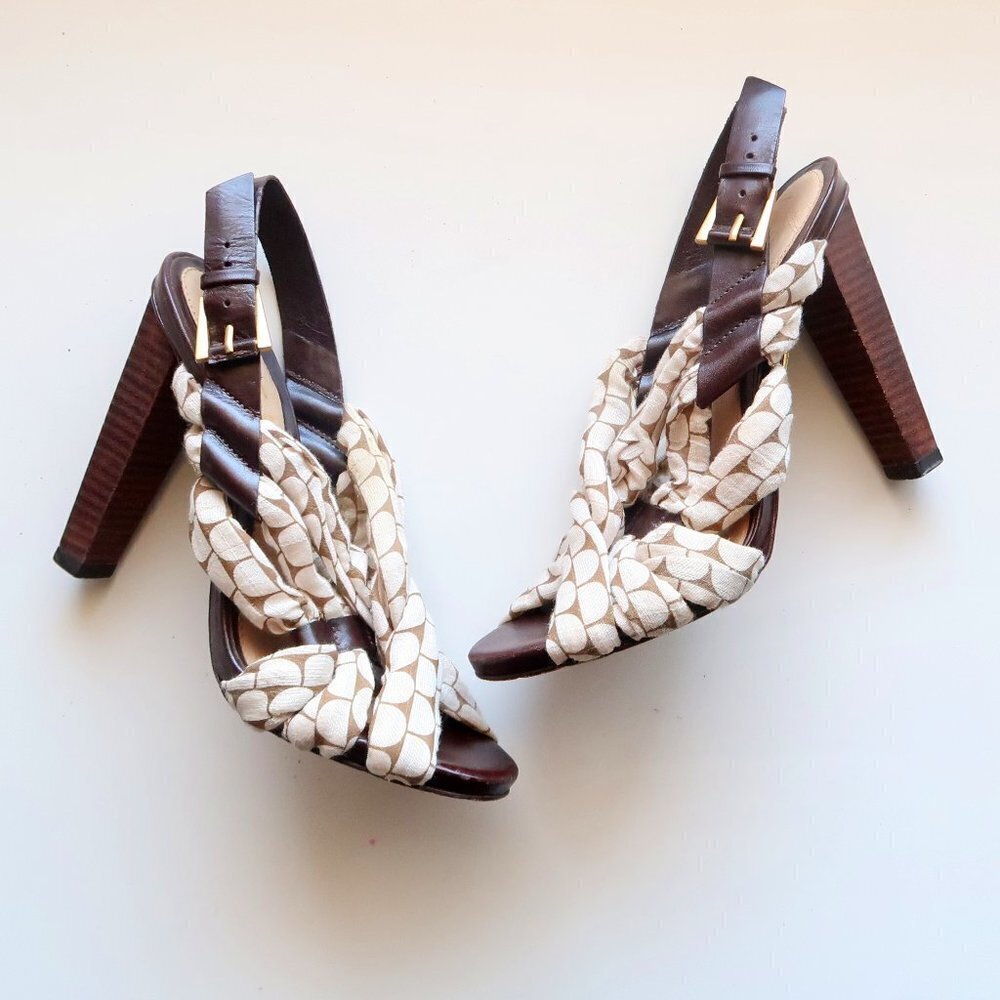 LAMB Brown Leather & Cream Canvas Sling-back Open Toe Sandals / Heels / Shoes 7.